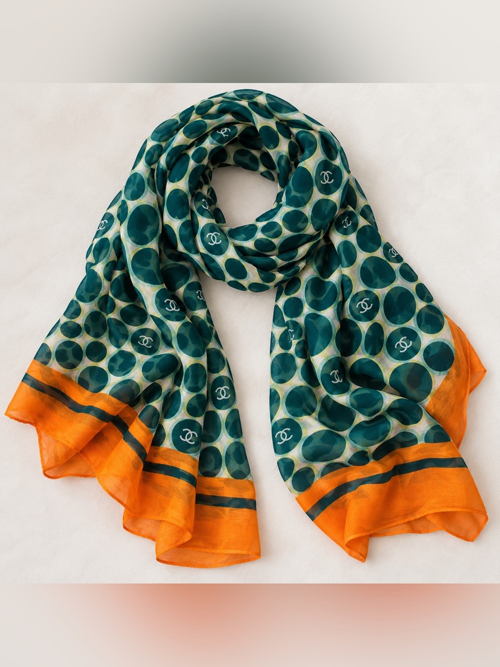 Green & Orange Polka Dot Silk-Look Scarf – Elegant Statement Wrap